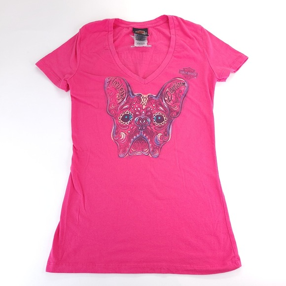 Harley-Davidson Tops - Harley Davidson T Shirt Womens Small Pink French Bulldog HDMC Front Back Graphic